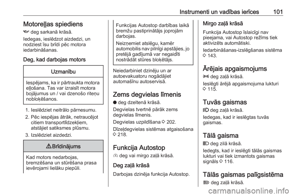 OPEL GRANDLAND X 2019.75  Īpašnieka rokasgrāmata (in Latvian) Instrumenti un vadības ierīces101Motoreļļas spiediens
I  deg sarkanā krāsā.
Iedegas, ieslēdzot aizdedzi, un
nodziest īsu brīdi pēc motora
iedarbināšanas.
Deg, kad darbojas motorsUzmanību
