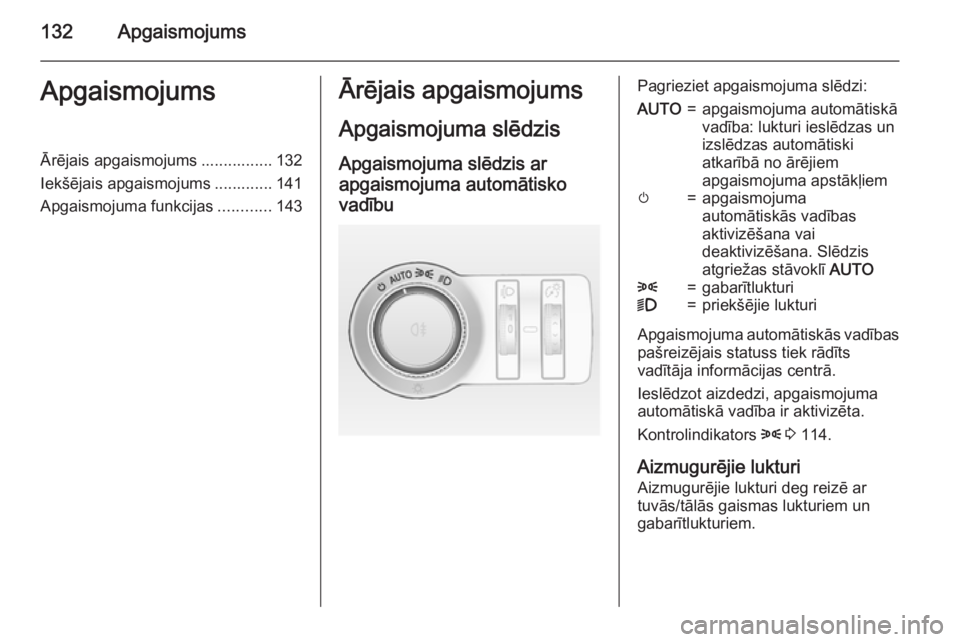 OPEL INSIGNIA 2015.5 Īpašnieka rokasgrāmata (in Latvian) 132ApgaismojumsApgaismojumsĀrējais apgaismojums ................ 132
Iekšējais apgaismojums ............. 141
Apgaismojuma funkcijas ............143Ārējais apgaismojums
Apgaismojuma slēdzis Apg OPEL INSIGNIA 2015.5 Īpašnieka rokasgrāmata (in Latvian) 132ApgaismojumsApgaismojumsĀrējais apgaismojums ................ 132
Iekšējais apgaismojums ............. 141
Apgaismojuma funkcijas ............143Ārējais apgaismojums
Apgaismojuma slēdzis Apg