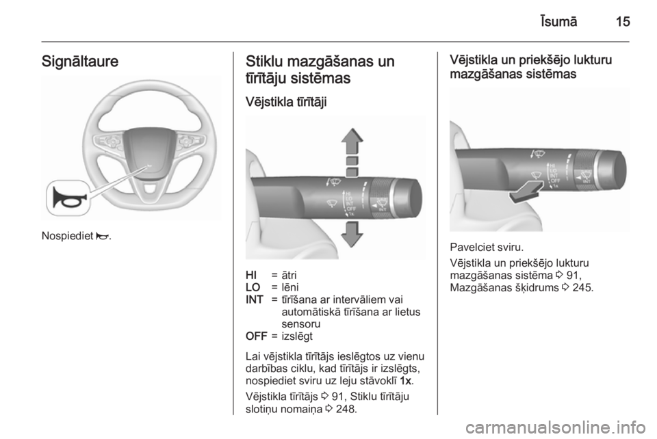 OPEL INSIGNIA 2015.5  Īpašnieka rokasgrāmata (in Latvian) Īsumā15Signāltaure
Nospiediet j.
Stiklu mazgāšanas un
tīrītāju sistēmas
Vējstikla tīrītājiHI=ātriLO=lēniINT=tīrīšana ar intervāliem vai
automātiskā tīrīšana ar lietus
sensoruOF