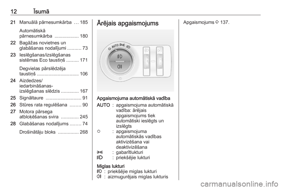 OPEL INSIGNIA 2016.5  Īpašnieka rokasgrāmata (in Latvian) 12Īsumā21Manuālā pārnesumkārba  ...185
Automātiskā
pārnesumkārba  ..................180
22 Bagāžas novietnes un
glabāšanas nodalījumi ..........73
23 Ieslēgšanas/izslēgšanas
sistēm