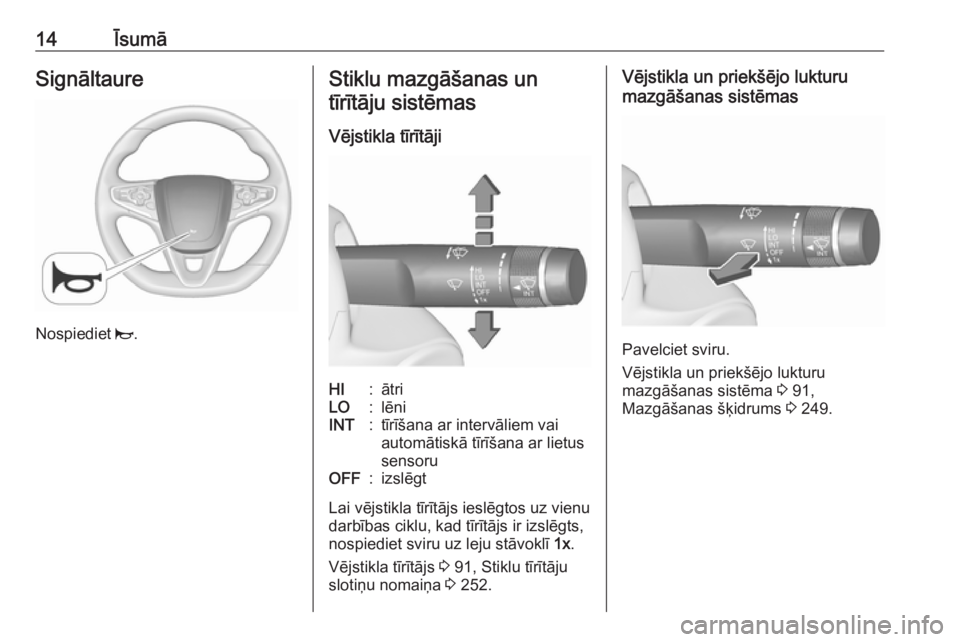 OPEL INSIGNIA 2016.5  Īpašnieka rokasgrāmata (in Latvian) 14ĪsumāSignāltaure
Nospiediet j.
Stiklu mazgāšanas un
tīrītāju sistēmas
Vējstikla tīrītājiHI:ātriLO:lēniINT:tīrīšana ar intervāliem vai
automātiskā tīrīšana ar lietus
sensoruOF