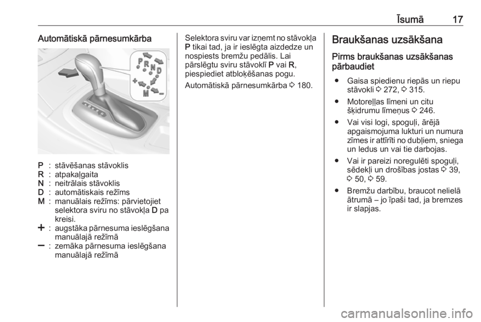OPEL INSIGNIA 2016.5  Īpašnieka rokasgrāmata (in Latvian) Īsumā17Automātiskā pārnesumkārbaP:stāvēšanas stāvoklisR:atpakaļgaitaN:neitrālais stāvoklisD:automātiskais režīmsM:manuālais režīms: pārvietojiet
selektora sviru no stāvokļa  D pa