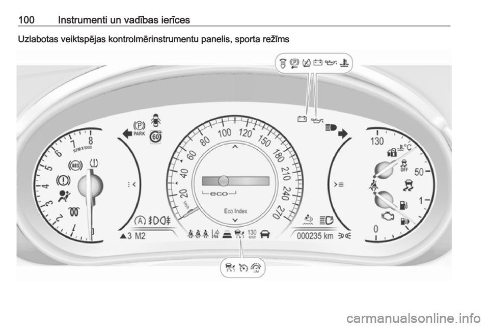 OPEL INSIGNIA 2017 Īpašnieka rokasgrāmata (in Latvian) 100Instrumenti un vadības ierīcesUzlabotas veiktspējas kontrolmērinstrumentu panelis, sporta režīms OPEL INSIGNIA 2017 Īpašnieka rokasgrāmata (in Latvian) 100Instrumenti un vadības ierīcesUzlabotas veiktspējas kontrolmērinstrumentu panelis, sporta režīms