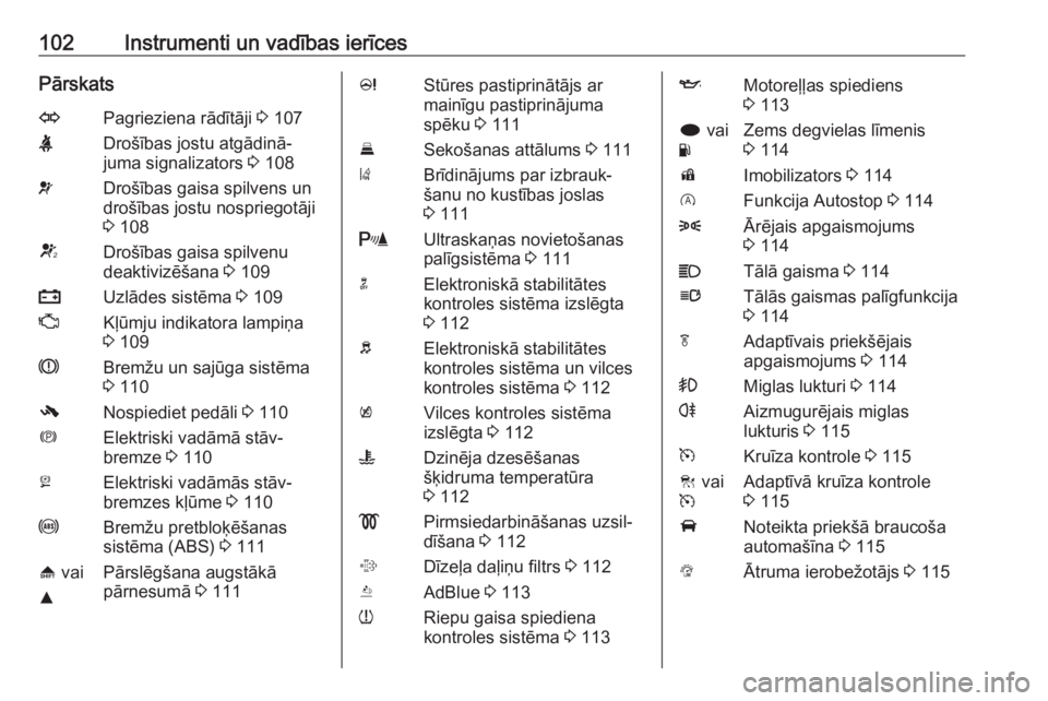 OPEL INSIGNIA 2017  Īpašnieka rokasgrāmata (in Latvian) 102Instrumenti un vadības ierīcesPārskatsOPagrieziena rādītāji 3 107XDrošības jostu atgādinā‐
juma signalizators  3 108vDrošības gaisa spilvens un
drošības jostu nospriegotāji
3  108V