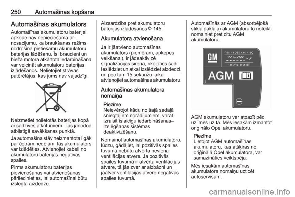 OPEL INSIGNIA BREAK 2017.5  Īpašnieka rokasgrāmata (in Latvian) 250Automašīnas kopšanaAutomašīnas akumulators
Automašīnas akumulatoru baterijai
apkope nav nepieciešama ar
nosacījumu, ka braukšanas režīms
nodrošina pietiekamu akumulatoru
baterijas lād