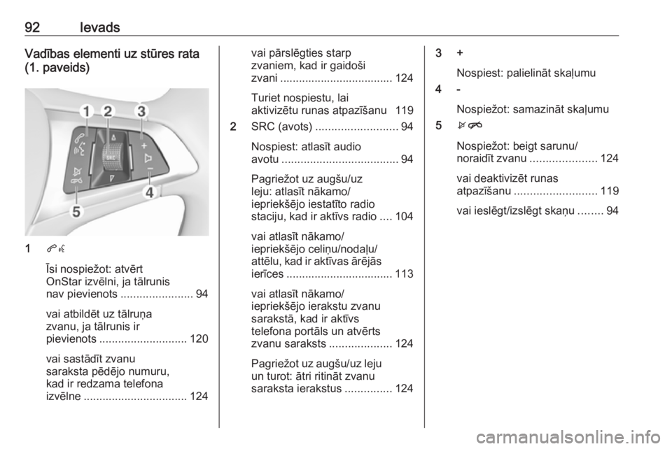 OPEL INSIGNIA BREAK 2017.75 Informācijas un izklaides sistēmas rokasgrāmata (in Latvian) 92IevadsVadības elementi uz stūres rata
(1. paveids)
1 qw
Īsi nospiežot: atvērt
OnStar izvēlni, ja tālrunis
nav pievienots ....................... 94
vai atbildēt uz tālruņa
zvanu, ja tālru OPEL INSIGNIA BREAK 2017.75 Informācijas un izklaides sistēmas rokasgrāmata (in Latvian) 92IevadsVadības elementi uz stūres rata
(1. paveids)
1 qw
Īsi nospiežot: atvērt
OnStar izvēlni, ja tālrunis
nav pievienots ....................... 94
vai atbildēt uz tālruņa
zvanu, ja tālru