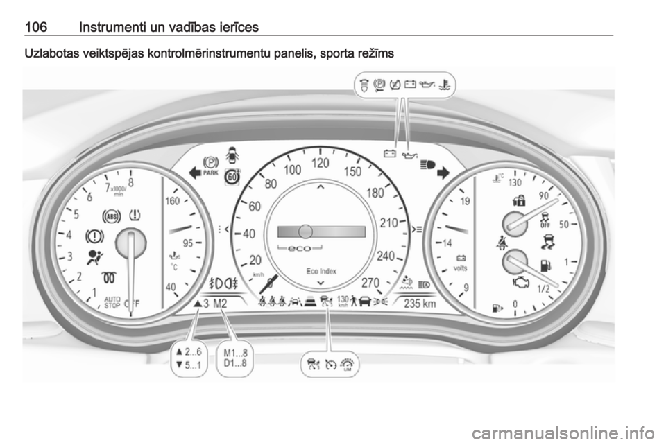 OPEL INSIGNIA BREAK 2018.5  Īpašnieka rokasgrāmata (in Latvian) 106Instrumenti un vadības ierīcesUzlabotas veiktspējas kontrolmērinstrumentu panelis, sporta režīms 