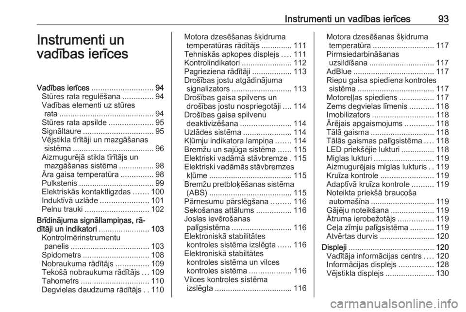 OPEL INSIGNIA BREAK 2018.5  Īpašnieka rokasgrāmata (in Latvian) Instrumenti un vadības ierīces93Instrumenti un
vadības ierīcesVadības ierīces ............................ 94
Stūres rata regulēšana ..............94
Vadības elementi uz stūres rata .......