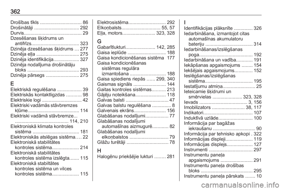 OPEL INSIGNIA BREAK 2019  Īpašnieka rokasgrāmata (in Latvian) 362Drošības tīkls ............................... 86
Drošinātāji .................................. 292
Durvis ........................................... 29
Dzesēšanas šķidrums un antifrīz