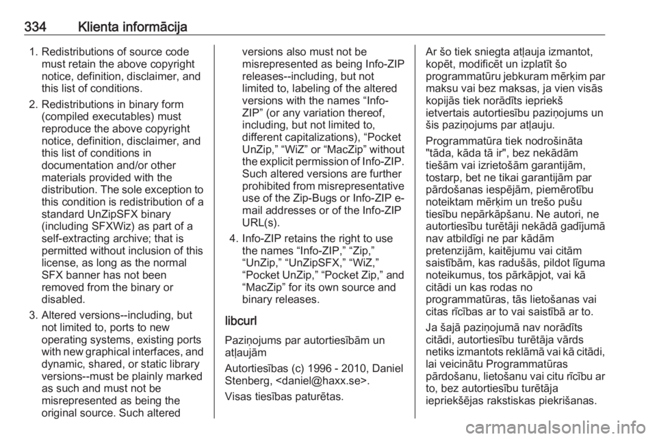 OPEL INSIGNIA BREAK 2019.5 Īpašnieka rokasgrāmata (in Latvian) 334Klienta informācija1. Redistributions of source codemust retain the above copyright
notice, definition, disclaimer, and
this list of conditions.
2. Redistributions in binary form (compiled executa OPEL INSIGNIA BREAK 2019.5 Īpašnieka rokasgrāmata (in Latvian) 334Klienta informācija1. Redistributions of source codemust retain the above copyright
notice, definition, disclaimer, and
this list of conditions.
2. Redistributions in binary form (compiled executa