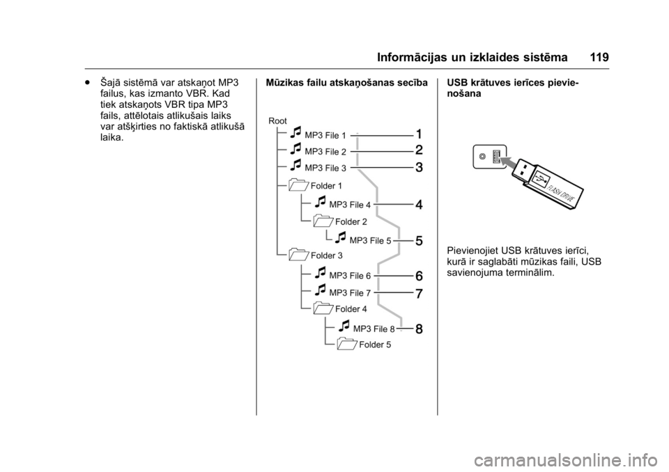 OPEL KARL 2016  Īpašnieka rokasgrāmata (in Latvian) OPEL Karl Owner Manual (GMK-Localizing-EU LHD-9231167) - 2016 - crc -
9/10/15
Informācijas un izklaides sistēma 119
.Šajā sistēmā var atskaņot MP3
failus, kas izmanto VBR. Kad
tiek atskaņots V