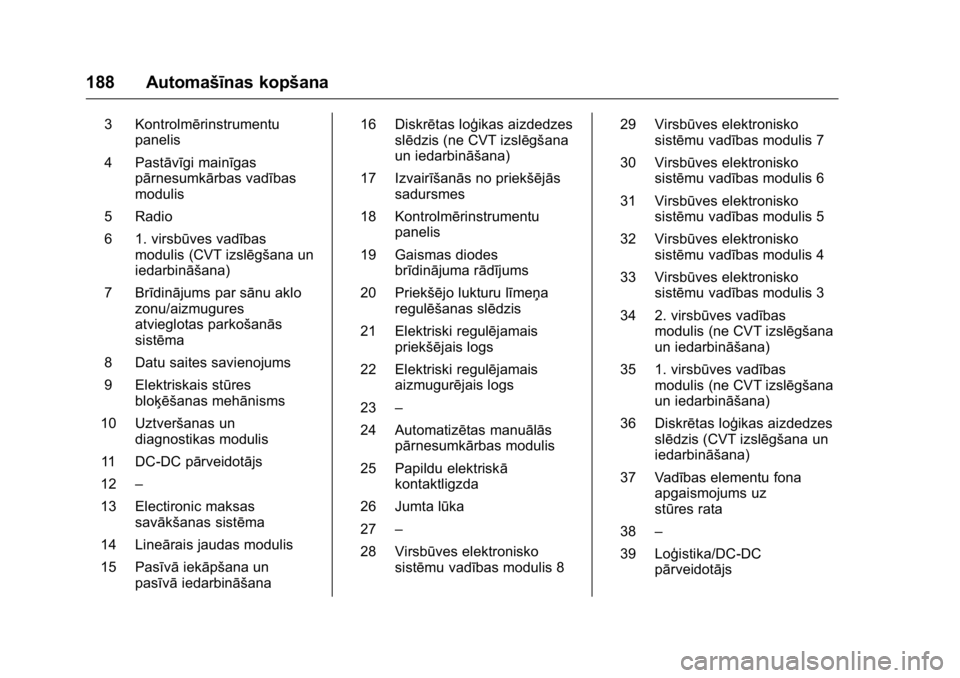OPEL KARL 2016 Īpašnieka rokasgrāmata (in Latvian) OPEL Karl Owner Manual (GMK-Localizing-EU LHD-9231167) - 2016 - crc -
9/10/15
188 Automašīnas kopšana
3 Kontrolmērinstrumentupanelis
4 Pastāvīgi mainīgas pārnesumkārbas vadības
modulis
5 Rad OPEL KARL 2016 Īpašnieka rokasgrāmata (in Latvian) OPEL Karl Owner Manual (GMK-Localizing-EU LHD-9231167) - 2016 - crc -
9/10/15
188 Automašīnas kopšana
3 Kontrolmērinstrumentupanelis
4 Pastāvīgi mainīgas pārnesumkārbas vadības
modulis
5 Rad