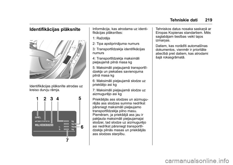 OPEL KARL 2016 Īpašnieka rokasgrāmata (in Latvian) OPEL Karl Owner Manual (GMK-Localizing-EU LHD-9231167) - 2016 - crc -
9/10/15
Tehniskie dati 219
Identifikācijas plāksnīte
Identifikācijas plāksnīte atrodas uz
kreiso durvju rāmja.
Informācija OPEL KARL 2016 Īpašnieka rokasgrāmata (in Latvian) OPEL Karl Owner Manual (GMK-Localizing-EU LHD-9231167) - 2016 - crc -
9/10/15
Tehniskie dati 219
Identifikācijas plāksnīte
Identifikācijas plāksnīte atrodas uz
kreiso durvju rāmja.
Informācija