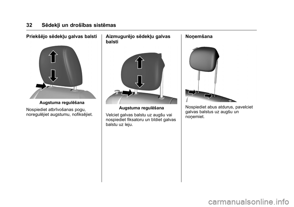 OPEL KARL 2016 Īpašnieka rokasgrāmata (in Latvian) OPEL Karl Owner Manual (GMK-Localizing-EU LHD-9231167) - 2016 - crc -
9/10/15
32 Sēdekļi un drošības sistēmas
Priekšējo sēdekļu galvas balsti
Augstuma regulēšana
Nospiediet atbrīvošanas p OPEL KARL 2016 Īpašnieka rokasgrāmata (in Latvian) OPEL Karl Owner Manual (GMK-Localizing-EU LHD-9231167) - 2016 - crc -
9/10/15
32 Sēdekļi un drošības sistēmas
Priekšējo sēdekļu galvas balsti
Augstuma regulēšana
Nospiediet atbrīvošanas p