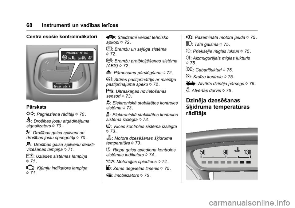 OPEL KARL 2016 Īpašnieka rokasgrāmata (in Latvian) OPEL Karl Owner Manual (GMK-Localizing-EU LHD-9231167) - 2016 - crc -
9/10/15
68 Instrumenti un vadības ierīces
Centrāesošie kontrolindikatori
Pārskats
G:Pagrieziena rādītāji 070ii.
>:Drošīb OPEL KARL 2016 Īpašnieka rokasgrāmata (in Latvian) OPEL Karl Owner Manual (GMK-Localizing-EU LHD-9231167) - 2016 - crc -
9/10/15
68 Instrumenti un vadības ierīces
Centrāesošie kontrolindikatori
Pārskats
G:Pagrieziena rādītāji 070ii.
>:Drošīb