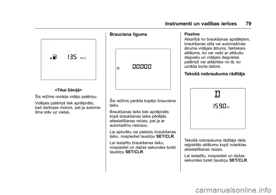 OPEL KARL 2016 Īpašnieka rokasgrāmata (in Latvian) OPEL Karl Owner Manual (GMK-Localizing-EU LHD-9231167) - 2016 - crc -
9/10/15
Instrumenti un vadības ierīces 79
<Tikai Dānijā>
Šis režīms norāda vidējo patēriņu.
Vidējais patēriņš tiek OPEL KARL 2016 Īpašnieka rokasgrāmata (in Latvian) OPEL Karl Owner Manual (GMK-Localizing-EU LHD-9231167) - 2016 - crc -
9/10/15
Instrumenti un vadības ierīces 79
<Tikai Dānijā>
Šis režīms norāda vidējo patēriņu.
Vidējais patēriņš tiek