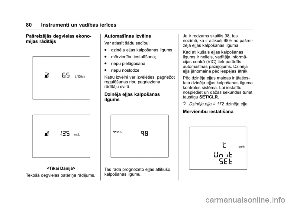 OPEL KARL 2016 Īpašnieka rokasgrāmata (in Latvian) OPEL Karl Owner Manual (GMK-Localizing-EU LHD-9231167) - 2016 - crc -
9/10/15
80 Instrumenti un vadības ierīces
Pašreizējās degvielas ekono-
mijas rādītājs
<Tikai Dānijā>
Tekošā degvielas OPEL KARL 2016 Īpašnieka rokasgrāmata (in Latvian) OPEL Karl Owner Manual (GMK-Localizing-EU LHD-9231167) - 2016 - crc -
9/10/15
80 Instrumenti un vadības ierīces
Pašreizējās degvielas ekono-
mijas rādītājs
<Tikai Dānijā>
Tekošā degvielas