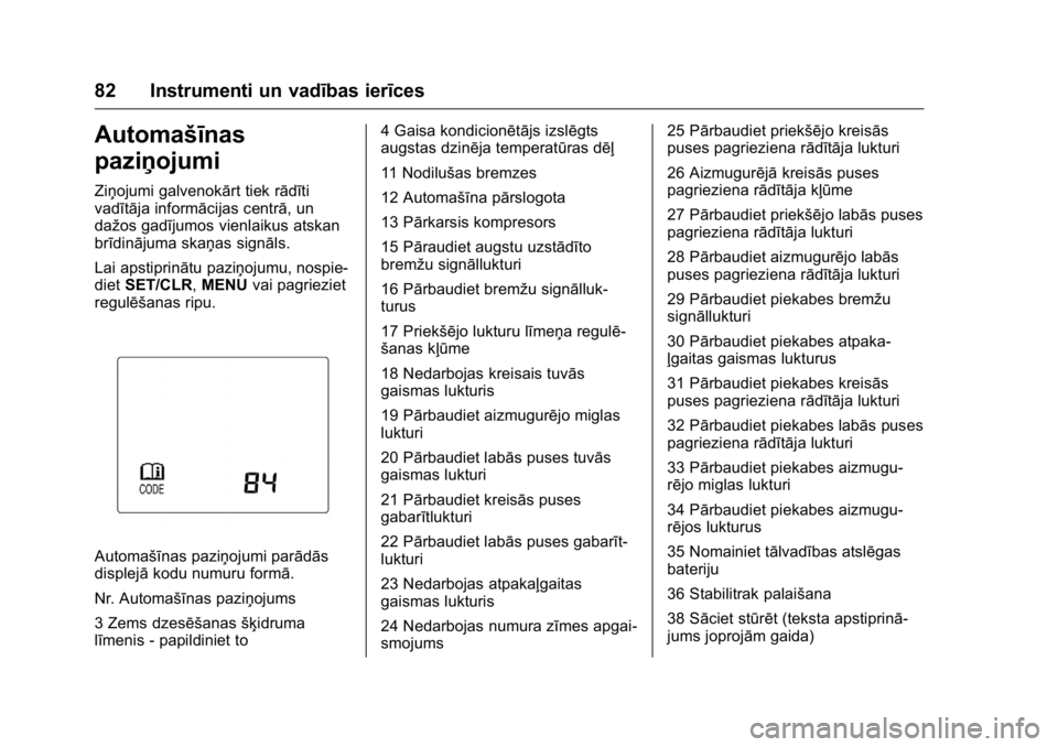 OPEL KARL 2016 Īpašnieka rokasgrāmata (in Latvian) OPEL Karl Owner Manual (GMK-Localizing-EU LHD-9231167) - 2016 - crc -
9/10/15
82 Instrumenti un vadības ierīces
Automašīnas
paziņojumi
Ziņojumi galvenokārt tiek rādīti
vadītāja informācija OPEL KARL 2016 Īpašnieka rokasgrāmata (in Latvian) OPEL Karl Owner Manual (GMK-Localizing-EU LHD-9231167) - 2016 - crc -
9/10/15
82 Instrumenti un vadības ierīces
Automašīnas
paziņojumi
Ziņojumi galvenokārt tiek rādīti
vadītāja informācija