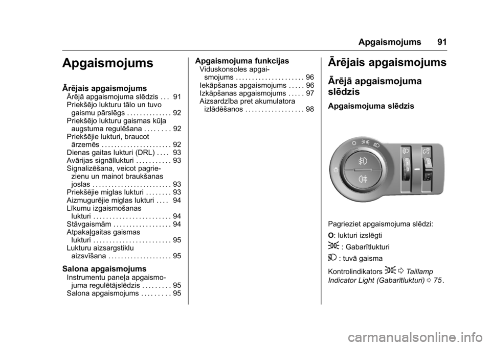 OPEL KARL 2016  Īpašnieka rokasgrāmata (in Latvian) OPEL Karl Owner Manual (GMK-Localizing-EU LHD-9231167) - 2016 - crc -
9/10/15
Apgaismojums 91
Apgaismojums
Ārējais apgaismojums
Ārējāapgaismojuma slēdzis . . . 91
Priekšējo lukturu tālo un tu