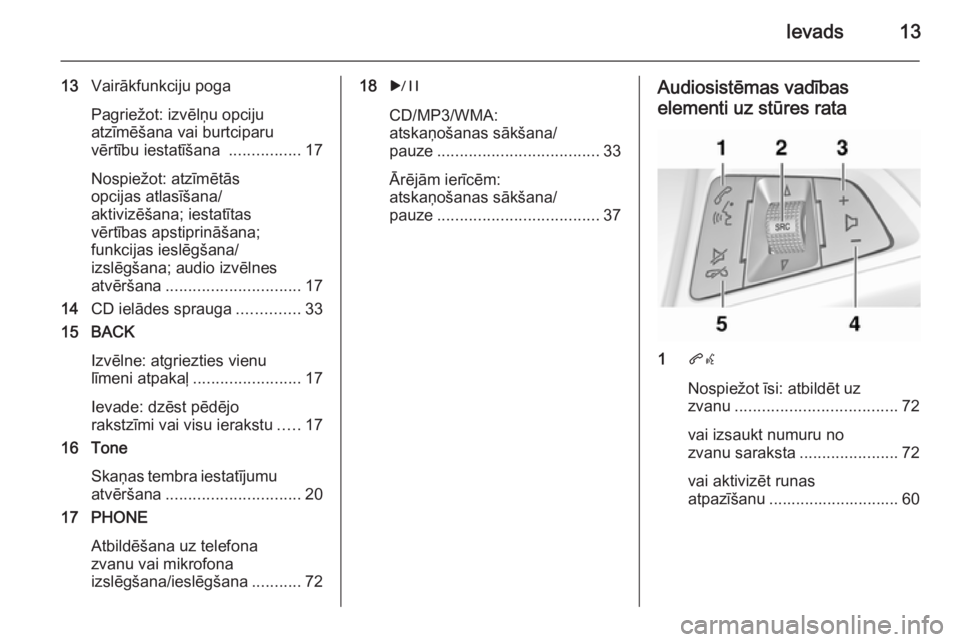OPEL MERIVA 2015.5  Informācijas un izklaides sistēmas rokasgrāmata (in Latvian) Ievads13
13Vairākfunkciju poga
Pagriežot: izvēlņu opciju
atzīmēšana vai burtciparu
vērtību iestatīšana  ................17
Nospiežot: atzīmētās
opcijas atlasīšana/
aktivizēšana; ies