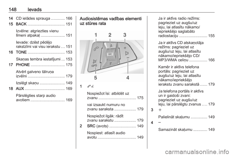 OPEL MERIVA 2016  Informācijas un izklaides sistēmas rokasgrāmata (in Latvian) 148Ievads14CD ielādes sprauga ............166
15 BACK .................................. 151
Izvēlne: atgriezties vienu
līmeni atpakaļ ...................... 151
Ievade: dzēst pēdējo
rakstzīmi