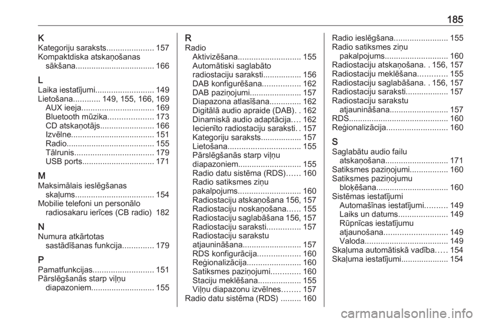 OPEL MERIVA 2016.5  Informācijas un izklaides sistēmas rokasgrāmata (in Latvian) 185KKategoriju saraksts .....................157
Kompaktdiska atskaņošanas sākšana ................................... 166
L
Laika iestatījumi .......................... 149
Lietošana ..........