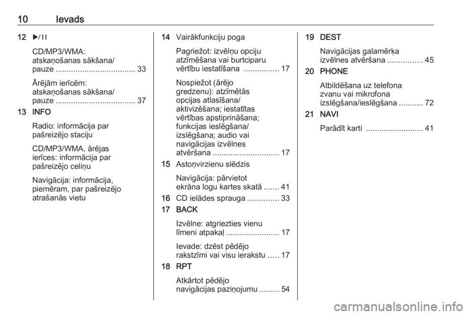 OPEL MERIVA 2016.5  Informācijas un izklaides sistēmas rokasgrāmata (in Latvian) 10Ievads12r
CD/MP3/WMA:
atskaņošanas sākšana/
pauze .................................... 33
Ārējām ierīcēm:
atskaņošanas sākšana/
pauze .................................... 37
13 INFO
Rad
