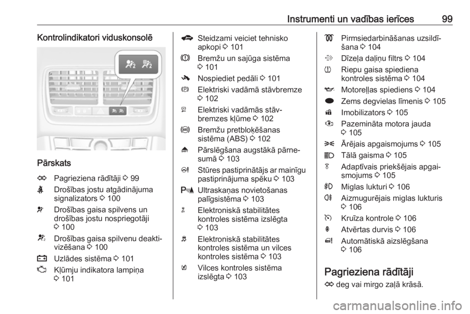OPEL MERIVA 2016.5  Īpašnieka rokasgrāmata (in Latvian) Instrumenti un vadības ierīces99Kontrolindikatori viduskonsolē
Pārskats
OPagrieziena rādītāji 3 99XDrošības jostu atgādinājuma
signalizators  3 100vDrošības gaisa spilvens un
drošības j