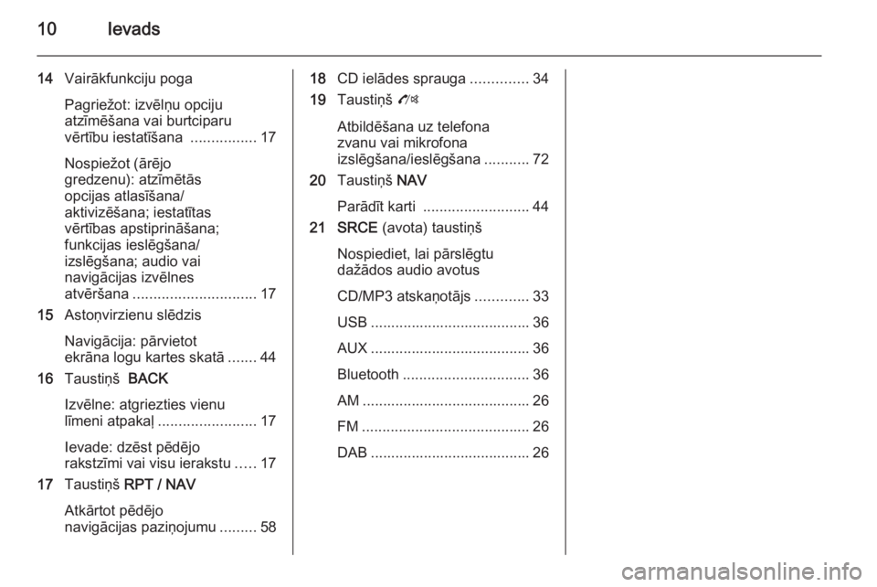 OPEL MOKKA 2014.5  Informācijas un izklaides sistēmas rokasgrāmata (in Latvian) 10Ievads
14Vairākfunkciju poga
Pagriežot: izvēlņu opciju
atzīmēšana vai burtciparu
vērtību iestatīšana  ................17
Nospiežot (ārējo
gredzenu): atzīmētās
opcijas atlasīšana/
