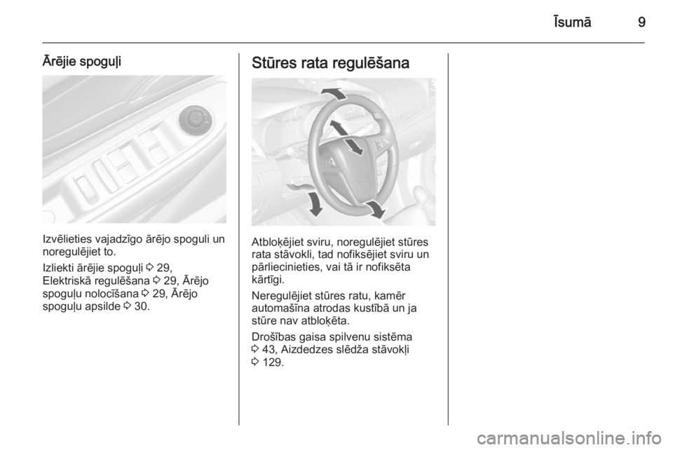 OPEL MOKKA 2014.5  Īpašnieka rokasgrāmata (in Latvian) Īsumā9
Ārējie spoguļi
Izvēlieties vajadzīgo ārējo spoguli un
noregulējiet to.
Izliekti ārējie spoguļi  3 29,
Elektriskā regulēšana  3 29, Ārējo
spoguļu nolocīšana  3 29, Ārējo
s