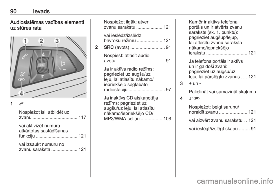 OPEL MOKKA 2016.5 Informācijas un izklaides sistēmas rokasgrāmata (in Latvian) 90IevadsAudiosistēmas vadības elementi
uz stūres rata
1 q
Nospiežot īsi: atbildēt uz
zvanu .................................. 117
vai aktivizēt numura
atkārtotas sastādīšanas
funkciju ..... OPEL MOKKA 2016.5 Informācijas un izklaides sistēmas rokasgrāmata (in Latvian) 90IevadsAudiosistēmas vadības elementi
uz stūres rata
1 q
Nospiežot īsi: atbildēt uz
zvanu .................................. 117
vai aktivizēt numura
atkārtotas sastādīšanas
funkciju .....