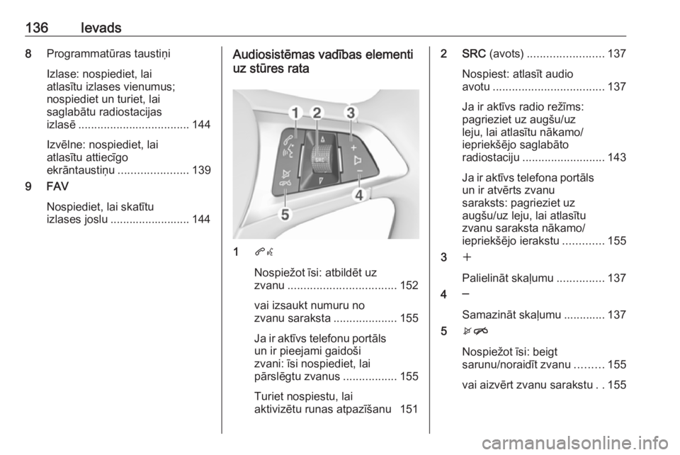 OPEL MOKKA X 2017 Informācijas un izklaides sistēmas rokasgrāmata (in Latvian) 136Ievads8Programmatūras taustiņi
Izlase: nospiediet, lai
atlasītu izlases vienumus;
nospiediet un turiet, lai
saglabātu radiostacijas
izlasē ................................... 144
Izvēlne: nos OPEL MOKKA X 2017 Informācijas un izklaides sistēmas rokasgrāmata (in Latvian) 136Ievads8Programmatūras taustiņi
Izlase: nospiediet, lai
atlasītu izlases vienumus;
nospiediet un turiet, lai
saglabātu radiostacijas
izlasē ................................... 144
Izvēlne: nos