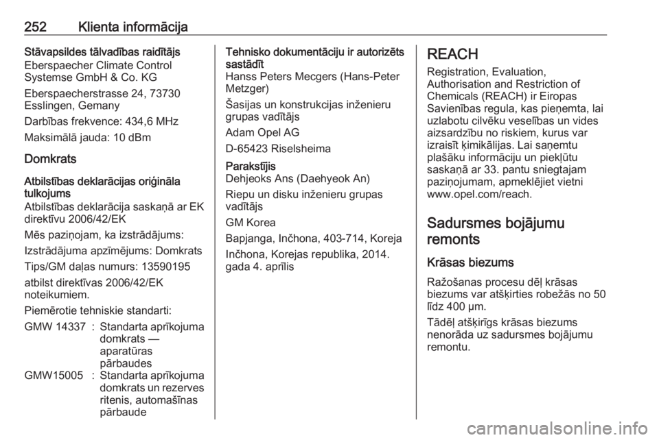 OPEL MOKKA X 2018  Informācijas un izklaides sistēmas rokasgrāmata (in Latvian) 252Klienta informācijaStāvapsildes tālvadības raidītājs
Eberspaecher Climate Control
Systemse GmbH & Co. KG
Eberspaecherstrasse 24, 73730
Esslingen, Gemany
Darbības frekvence: 434,6 MHz
Maksim�