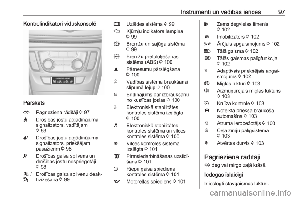 OPEL MOKKA X 2018  Informācijas un izklaides sistēmas rokasgrāmata (in Latvian) Instrumenti un vadības ierīces97Kontrolindikatori viduskonsolē
Pārskats
OPagrieziena rādītāji 3 97XDrošības jostu atgādinājuma
signalizators, vadītājam
3  98kDrošības jostu atgādināju