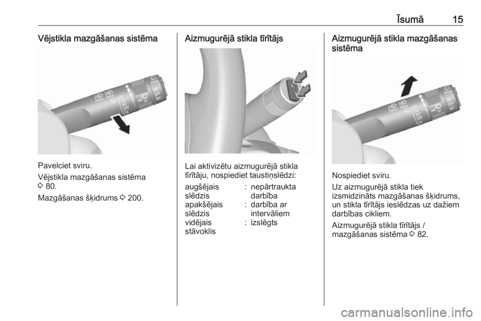 OPEL MOKKA X 2018.5  Informācijas un izklaides sistēmas rokasgrāmata (in Latvian) Īsumā15Vējstikla mazgāšanas sistēma
Pavelciet sviru.
Vējstikla mazgāšanas sistēma
3  80.
Mazgāšanas šķidrums  3 200.
Aizmugurējā stikla tīrītājs
Lai aktivizētu aizmugurējā stikla