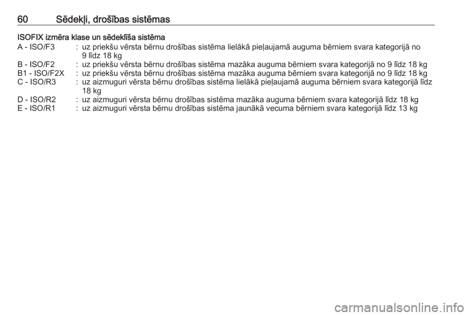 OPEL MOKKA X 2019  Īpašnieka rokasgrāmata (in Latvian) 60Sēdekļi, drošības sistēmasISOFIX izmēra klase un sēdeklīša sistēmaA - ISO/F3:uz priekšu vērsta bērnu drošības sistēma lielākā pieļaujamā auguma bērniem svara kategorijā no9 lī