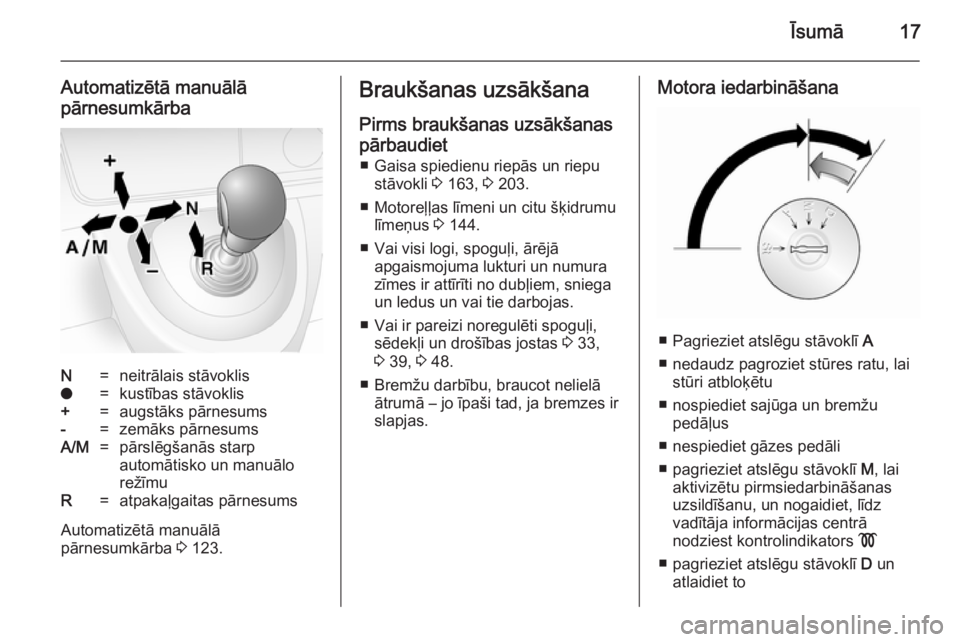 OPEL MOVANO_B 2014  Īpašnieka rokasgrāmata (in Latvian) Īsumā17
Automatizētā manuālāpārnesumkārbaN=neitrālais stāvokliso=kustības stāvoklis+=augstāks pārnesums-=zemāks pārnesumsA/M=pārslēgšanās starp
automātisko un manuālo
režīmuR=a