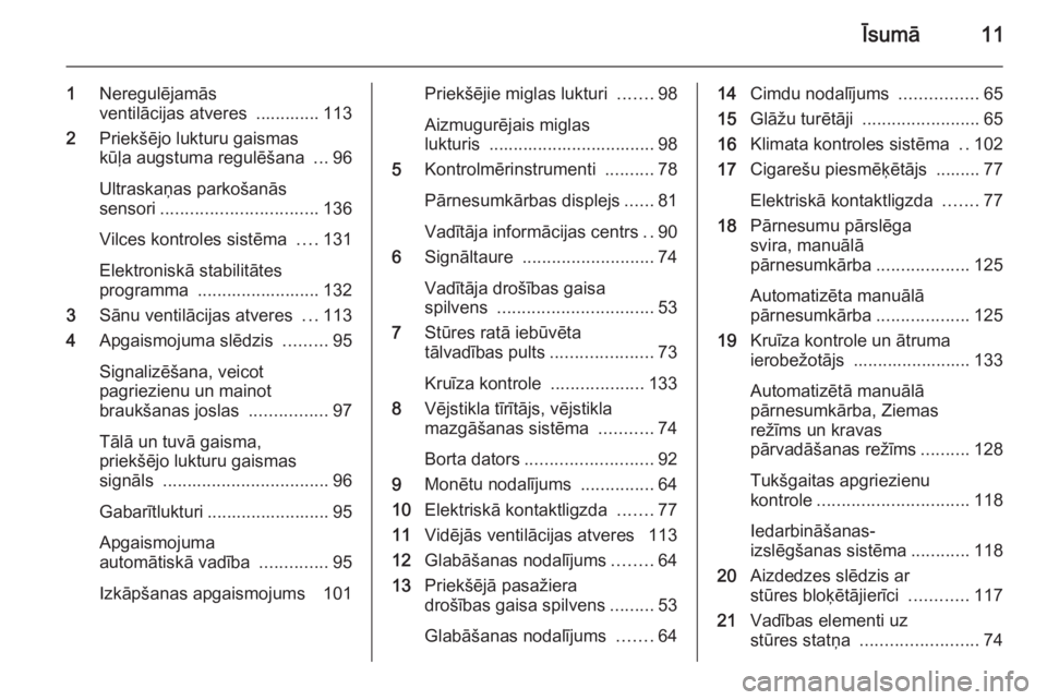 OPEL MOVANO_B 2015  Īpašnieka rokasgrāmata (in Latvian) Īsumā11
1Neregulējamās
ventilācijas atveres  ............. 113
2 Priekšējo lukturu gaismas
kūļa augstuma regulēšana  ...96
Ultraskaņas parkošanās
sensori ................................