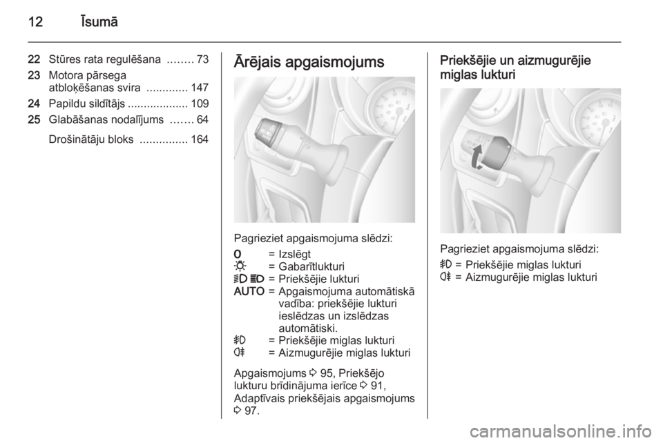 OPEL MOVANO_B 2015  Īpašnieka rokasgrāmata (in Latvian) 12Īsumā
22Stūres rata regulēšana  ........73
23 Motora pārsega
atbloķēšanas svira  .............147
24 Papildu sildītājs ...................109
25 Glabāšanas nodalījums  .......64
Droši