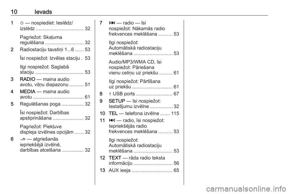 OPEL MOVANO_B 2017.5  Informācijas un izklaides sistēmas rokasgrāmata (in Latvian) 10Ievads1m — nospiediet: Ieslēdz/
izslēdz ................................... 32
Pagriežot: Skaļuma
regulēšana ............................ 32
2 Radiostaciju taustiņi 1...6 ......53
Īsi nosp