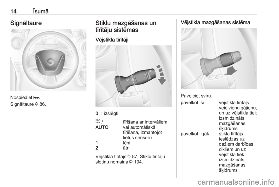 OPEL MOVANO_B 2018  Īpašnieka rokasgrāmata (in Latvian) 14ĪsumāSignāltaure
Nospiediet j.
Signāltaure  3 86.
Stiklu mazgāšanas un
tīrītāju sistēmas
Vējstikla tīrītāji0:izslēgtiP  /
AUTO:tīrīšana ar intervāliem
vai automātiskā
tīrīšan