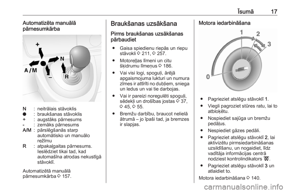 OPEL MOVANO_B 2018  Īpašnieka rokasgrāmata (in Latvian) Īsumā17Automatizēta manuālā
pārnesumkārbaN:neitrālais stāvokliso:braukšanas stāvoklis+:augstāks pārnesums-:zemāks pārnesumsA/M:pārslēgšanās starp
automātisko un manuālo
režīmuR: