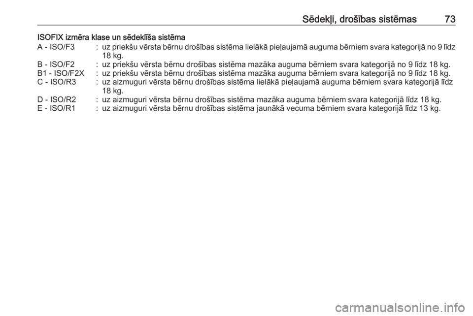 OPEL MOVANO_B 2018  Īpašnieka rokasgrāmata (in Latvian) Sēdekļi, drošības sistēmas73ISOFIX izmēra klase un sēdeklīša sistēmaA - ISO/F3:uz priekšu vērsta bērnu drošības sistēma lielākā pieļaujamā auguma bērniem svara kategorijā no 9 l�