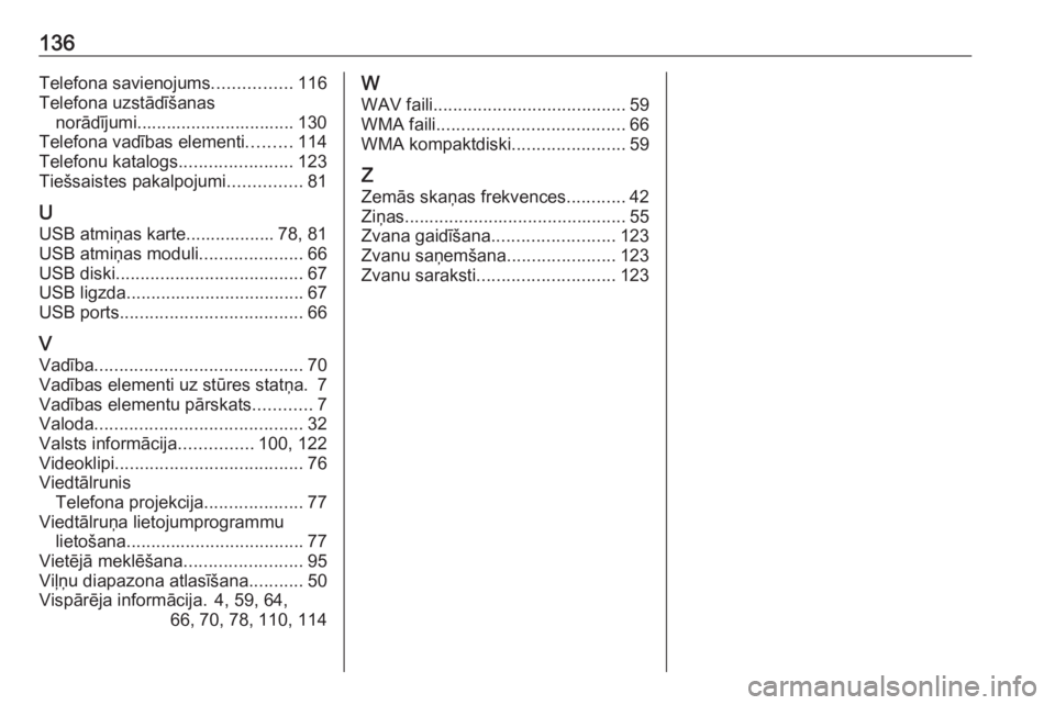 OPEL VIVARO B 2018.5  Informācijas un izklaides sistēmas rokasgrāmata (in Latvian) 136Telefona savienojums................116
Telefona uzstādīšanas norādījumi................................ 130
Telefona vadības elementi .........114
Telefonu katalogs .......................12