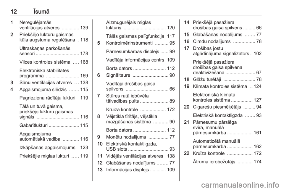 OPEL MOVANO_B 2018.5  Īpašnieka rokasgrāmata (in Latvian) 12Īsumā1Neregulējamās
ventilācijas atveres  ............. 139
2 Priekšējo lukturu gaismas
kūļa augstuma regulēšana  . 118
Ultraskaņas parkošanās
sensori ................................ 