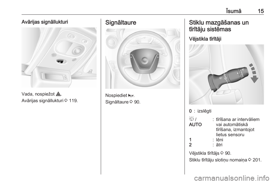 OPEL MOVANO_B 2018.5  Īpašnieka rokasgrāmata (in Latvian) Īsumā15Avārijas signāllukturi
Vada, nospiežot ¨.
Avārijas signāllukturi  3 119.
Signāltaure
Nospiediet  j.
Signāltaure  3 90.
Stiklu mazgāšanas un
tīrītāju sistēmas
Vējstikla tīrīt�