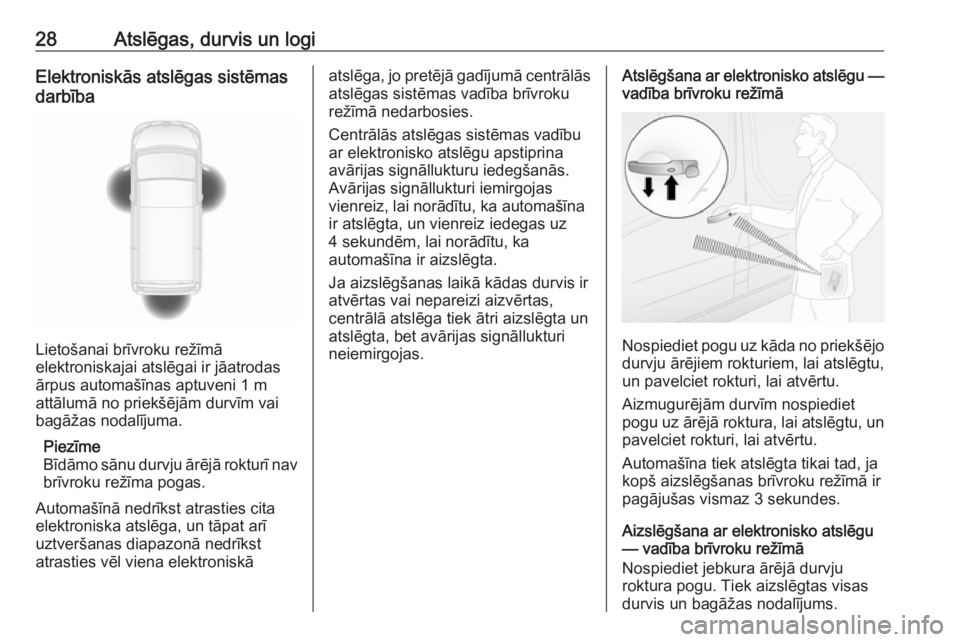 OPEL MOVANO_B 2019  Īpašnieka rokasgrāmata (in Latvian) 28Atslēgas, durvis un logiElektroniskās atslēgas sistēmas
darbība
Lietošanai brīvroku režīmā
elektroniskajai atslēgai ir jāatrodas
ārpus automašīnas aptuveni 1 m attālumā no priekšē