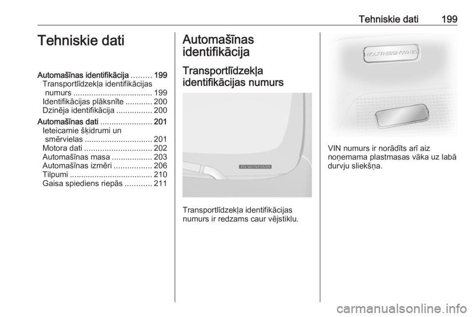 OPEL VIVARO B 2016 Īpašnieka rokasgrāmata (in Latvian) Tehniskie dati199Tehniskie datiAutomašīnas identifikācija.........199
Transportlīdzekļa identifikācijas numurs ................................... 199
Identifikācijas plāksnīte ............20 OPEL VIVARO B 2016 Īpašnieka rokasgrāmata (in Latvian) Tehniskie dati199Tehniskie datiAutomašīnas identifikācija.........199
Transportlīdzekļa identifikācijas numurs ................................... 199
Identifikācijas plāksnīte ............20