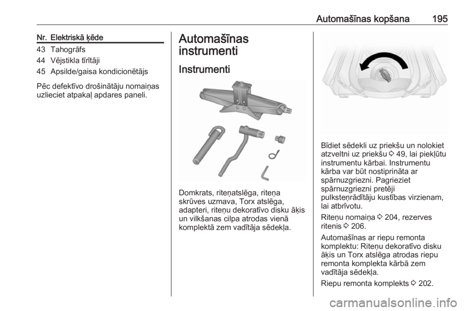 OPEL VIVARO B 2017.5 Īpašnieka rokasgrāmata (in Latvian) Automašīnas kopšana195Nr.Elektriskā ķēde43Tahogrāfs44Vējstikla tīrītāji45Apsilde/gaisa kondicionētājs
Pēc defektīvo drošinātāju nomaiņas
uzlieciet atpakaļ apdares paneli.
Automaš OPEL VIVARO B 2017.5 Īpašnieka rokasgrāmata (in Latvian) Automašīnas kopšana195Nr.Elektriskā ķēde43Tahogrāfs44Vējstikla tīrītāji45Apsilde/gaisa kondicionētājs
Pēc defektīvo drošinātāju nomaiņas
uzlieciet atpakaļ apdares paneli.
Automaš