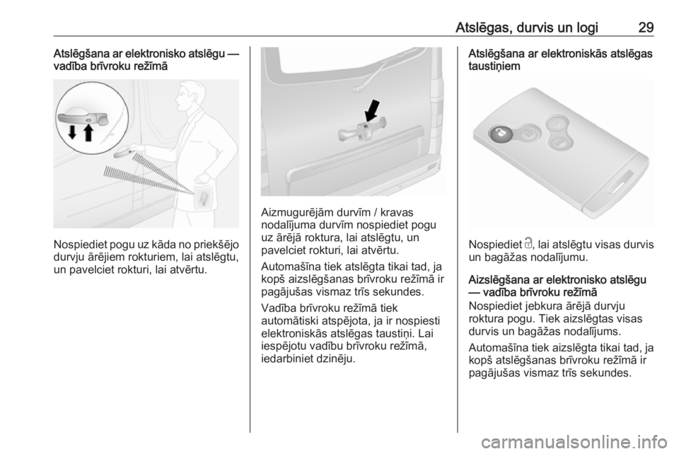 OPEL VIVARO B 2018  Īpašnieka rokasgrāmata (in Latvian) Atslēgas, durvis un logi29Atslēgšana ar elektronisko atslēgu —
vadība brīvroku režīmā
Nospiediet pogu uz kāda no priekšējo
durvju ārējiem rokturiem, lai atslēgtu,un pavelciet rokturi,
